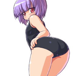 Rule 34 | 10s, 1girl, ass, bad id, bad pixiv id, black one-piece swimsuit, busou shinki, dd (ijigendd), flat chest, from behind, looking back, one-piece swimsuit, purple hair, red eyes, school swimsuit, short hair, simple background, solo, swimsuit, thighs, white background, zilvern