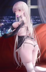 Rule 34 | 1girl, absurdres, ass, azur lane, bad id, bad pixiv id, black gloves, black panties, blush, breasts, butt crack, closed mouth, condom, condom in mouth, elbow gloves, formidable (azur lane), from behind, gloves, highres, indoors, large breasts, long hair, looking at viewer, looking back, mouth hold, night, panties, red eyes, silver hair, single glove, thighhighs, thighs, turbulence, underwear, white thighhighs, window