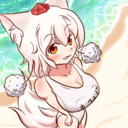 Rule 34 | 1girl, animal ears, bare shoulders, beach, blush, breasts, cleavage, collarbone, hat, inubashiri momiji, large breasts, looking at viewer, lowres, ocean, one-piece swimsuit, orange eyes, sand, school swimsuit, short hair, silver hair, solo, swimsuit, tail, tochinoko, tokin hat, touhou, white one-piece swimsuit, white school swimsuit, wolf ears, wolf tail