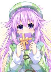 Rule 34 | 1girl, adult neptune, artist name, beret, binato lulu, blush, box, checkered clothes, checkered headwear, checkered jacket, choujigen game neptune, covering own mouth, gift, gift box, hair between eyes, hair flaps, hat, holding, holding gift, jacket, long hair, long sleeves, looking at viewer, neptune (series), pink hair, purple eyes, purple hair, shin jigen game neptune vii, sidelocks, solo, sweater, upper body, valentine, white sweater