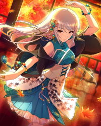Rule 34 | 1girl, annindoufu (oicon), autumn leaves, bare shoulders, bracelet, breasts, brown eyes, dancing, dress, earrings, expressionless, floral print, hair ornament, idolmaster, idolmaster cinderella girls, indoors, jewelry, leaf, leaf print, long hair, looking at viewer, maple leaf, maple leaf print, medium breasts, nail polish, official art, pleated dress, ring, silver hair, solo, takamine noa