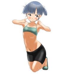 Rule 34 | 1girl, bike shorts, blush, breasts, full body, grey eyes, grey hair, highres, kantai collection, looking at viewer, medium hair, navel, ooshio (kancolle), shoes, shorts, simple background, small breasts, solo, sports bra, tama (tamago), twintails, white background
