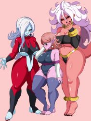 Rule 34 | 3girls, android 21, anklet, barefoot, black sclera, blue skin, bodysuit, bracelet, breasts, chronoa, clothing cutout, colored sclera, colored skin, covered erect nipples, curvy, darwaarts, detached sleeves, dragon ball, dragon ball fighterz, dragon ball xenoverse, earrings, female focus, full body, height difference, highres, jewelry, large breasts, leotard, long hair, looking at viewer, majin android 21, multiple girls, nail polish, pink hair, pink skin, pointy ears, purple eyes, pussy, red eyes, revealing clothes, short hair, sideboob, stirrup legwear, strapless, supreme kai of time, tail, thick thighs, thighhighs, thighs, toeless legwear, toenail polish, toenails, towa (dragon ball), tube top, underboob, underboob cutout, white hair, wide hips