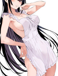 Rule 34 | 1girl, apron, armpits, black hair, blush, breasts, covered erect nipples, haitekudasai takamine-san, hand on own hip, hiiragi yuuichi, large breasts, long hair, looking at viewer, naked apron, out of frame, red eyes, simple background, solo, takamine takane, very long hair, white background