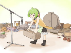 Rule 34 | ahoge, bare shoulders, basket, bell, bent over, boots, bowl, box, brown eyes, bucket, fl-chan, fl studio, footstool, gong, green hair, headphones, highres, jingle bell, lettuce, microphone, microphone stand, nackpan, piano print, pillow, shell, shoes, short hair, skirt, solo, vacuum cleaner, aged down