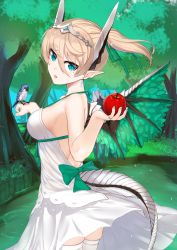 Rule 34 | 1girl, apple, bird, bird on hand, blonde hair, blue nails, bow, breasts, day, dress, earrings, food, forest, fruit, grass, green bow, green ribbon, green wings, hair between eyes, hair ribbon, highres, holding, holding food, holding fruit, horns, jewelry, looking at viewer, looking back, medium breasts, mole, mole under eye, nail polish, nature, original, outdoors, ribbon, satoshiki, sleeveless, standing, tail, tiara, tree, water, white dress, wings
