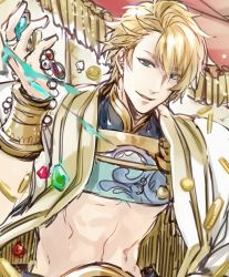 Rule 34 | 1boy, abs, aladdin (sinoalice), arabian clothes, armor, bad id, bad pixiv id, bare pectorals, blonde hair, blue eyes, breastplate, bridal gauntlets, cape, coin, gem, gold, gold trim, happy, jewelry, kasai iori, looking at viewer, male focus, open mouth, parted lips, pectorals, short hair, sinoalice, sketch, solo