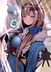 Rule 34 | 1girl, alternate costume, atsutoku, black gloves, blue bow, blue eyes, blue kimono, bow, braid, breasts, fur collar, furisode, gloves, hair bow, hair ornament, headgear, highres, japanese clothes, kantai collection, kimono, large breasts, light brown hair, long hair, looking at viewer, low twintails, maryland (kancolle), obi, rabbit hair ornament, sash, side braids, solo, speech bubble, standing, twintails, wide sleeves