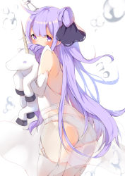 Rule 34 | 1girl, ahoge, ass, azur lane, back, backless dress, backless outfit, blush, bubble, commentary, covered mouth, cowboy shot, dress, elbow gloves, eyelashes, from behind, garter belt, garter straps, gloves, hair bun, hair ribbon, headpiece, highres, holding, holding stuffed toy, long hair, looking at viewer, looking back, painting (medium), panties, purple eyes, purple hair, ribbon, ryoutsu, see-through, side bun, side ponytail, simple background, single side bun, skindentation, solo, stuffed animal, stuffed toy, stuffed unicorn, thighhighs, thighs, traditional media, underwear, unicorn (azur lane), watercolor (medium), white background, white dress, white gloves, white panties, white thighhighs