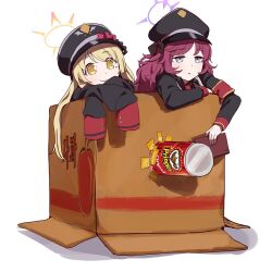 Rule 34 | 2girls, armband, black jacket, black shirt, blonde hair, blue archive, box, cardboard box, closed mouth, collared shirt, commentary request, grey eyes, halo, hat, highres, holding, ibuki (blue archive), in box, in container, iroha (blue archive), jacket, korean commentary, long hair, long sleeves, looking ahead, mmm (ji1945), multiple girls, open mouth, peaked cap, pringles, pringles can, purple halo, red armband, red hair, shirt, simple background, sleeves past fingers, sleeves past wrists, smile, white background, yellow eyes, yellow halo