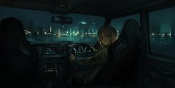 Rule 34 | 1girl, blonde hair, car interior, city, city lights, closed mouth, commentary request, jacket, lm7 (op-center), long sleeves, looking at viewer, looking back, night, night sky, original, short hair, sky, skyline, solo, steering wheel, yellow eyes
