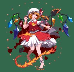 Rule 34 | 1girl, absurdres, ascot, barefoot, blonde hair, bow, crystal, fang, fire, flandre scarlet, frills, full body, green eyes, hat, hat ribbon, highres, laevatein (touhou), mob cap, nail polish, nukekip, pixel art, puffy short sleeves, puffy sleeves, red bow, red eyes, red nails, red ribbon, red skirt, red vest, ribbon, shirt, short hair, short sleeves, side ponytail, skirt, standing, standing on one leg, touhou, vest, white shirt, wings, yellow ascot