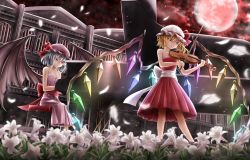 Rule 34 | 2girls, alternate costume, aru0607, bare arms, bare shoulders, bat wings, blonde hair, blue hair, bow (music), breasts, collarbone, commentary request, crystal, dress, eyes visible through hair, flandre scarlet, flower, grand piano, hat, hat ribbon, highres, holding, holding instrument, holding violin, instrument, lavender dress, light smile, lily (flower), looking down, mob cap, moon, multiple girls, music, night, night sky, outdoors, petals, piano, piano bench, playing instrument, playing piano, red clouds, red dress, red eyes, red moon, remilia scarlet, ribbon, sash, scarlet devil mansion, short hair, siblings, sisters, sitting, sky, sleeveless, sleeveless dress, small breasts, star (sky), starry sky, strapless, strapless dress, touhou, violin, wings