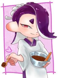 Rule 34 | 1girl, border, bowl, closed mouth, commentary request, eyelashes, gasshi555, hachimaki, hair over one eye, headband, highres, holding, holding bowl, holding spoon, looking at viewer, medium hair, nejiri hachimaki, nintendo, octoling, outside border, purple background, purple hair, red bean paste, red eyes, shiver (splatoon), smile, solo, splatoon (series), splatoon 3, spoon, standing, tentacle hair, thick eyebrows, white border