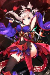 Rule 34 | 1girl, armpits, black thighhighs, blue eyes, blue sleeves, breasts, cleavage, clothing cutout, detached sleeves, dual wielding, fate/grand order, fate (series), floating hair, hair ornament, highres, holding, holding sword, holding weapon, katana, large breasts, long hair, long sleeves, miyamoto musashi (fate), miyamoto musashi (third ascension) (fate), navel, navel cutout, sheath, silver hair, solo, swept bangs, sword, takehana note, thighhighs, weapon, wide sleeves