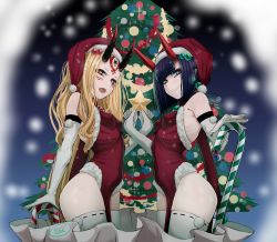 Rule 34 | 2girls, b.d, bare shoulders, blonde hair, bob cut, breasts, christmas tree, eyeliner, facial mark, fate/grand order, fate (series), forehead, forehead mark, hair pulled back, hat, highres, horns, ibaraki douji (fate), long hair, looking at viewer, makeup, merry christmas, multiple girls, oni, open mouth, purple eyes, purple hair, sack, santa costume, santa hat, short hair, shuten douji (fate), skin-covered horns, small breasts, smile, tattoo, yellow eyes
