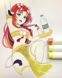 Rule 34 | 1girl, animal ears, arm up, armband, armpits, bandeau, bottle, bow, braid, breasts, cleavage, green eyes, grey background, hair bow, highres, holding, holding tray, hong meiling, horns, jellypon, long hair, looking at viewer, medium breasts, midriff, milk bottle, navel, no headwear, no headwear, open mouth, ox ears, ox horns, pelvic curtain, red hair, solo, stomach, strapless, tail, thighs, touhou, traditional media, tray, tube top, twin braids