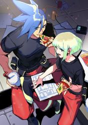 Rule 34 | 2boys, blue hair, earrings, eating, food, galo thymos, green hair, headphones, jewelry, lio fotia, male focus, mouse (animal), multiple boys, nigorokke, open mouth, pants, pizza, promare, purple eyes, shirt, sitting, spiked hair, t-shirt, vinny (promare)