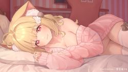 Rule 34 | 1girl, :3, ahoge, animal ear fluff, animal ears, bed, blonde hair, blush, bottomless, breasts, cat ears, cat girl, cleavage, hair ornament, heart, heart ahoge, highres, indoors, kemomimi refle!, kuyukian3, large breasts, long hair, long sleeves, looking at viewer, lying, nekoma karin, no bra, no panties, off shoulder, on bed, on side, pillow, red eyes, second-party source, solo, thighhighs, virtual youtuber, white thighhighs, wing hair ornament