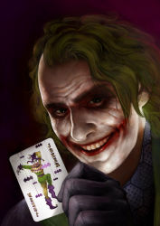 Rule 34 | 1boy, batman (series), card, clown, dc comics, glasgow smile, green hair, holding, holding card, male focus, pongotown, realistic, smile, solo, the dark knight, the joker