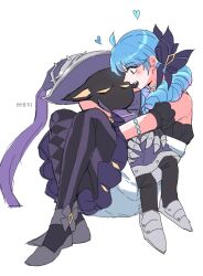 Rule 34 | 1boy, 1girl, ahoge, annoyed, arm tattoo, black cat, black pantyhose, blue eyes, blue hair, blue headwear, blue jacket, blush, cat, claw (weapon), dress, drill hair, gwen (league of legends), hair between eyes, hat, heart, jacket, korean commentary, korean text, league of legends, lolita fashion, looking at viewer, open mouth, pantyhose, shadow isle (league of legends), simple background, sitting, smile, tattoo, teeth, twin drills, upper teeth only, veigar, weapon, white background, xayahsona 27, yordle