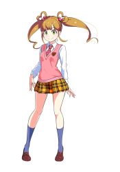 Rule 34 | 1girl, blue socks, blunt bangs, collared shirt, full body, green eyes, hair ornament, loafers, long hair, long sleeves, looking at viewer, magicami, miniskirt, necktie, official art, oikawa iko, orange hair, pink sweater, red necktie, school uniform, shirt, shoes, skirt, smile, socks, sweater, sweater vest, transparent background, twintails, white shirt, yellow skirt