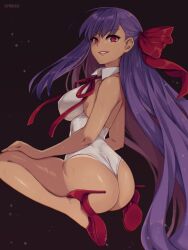 Rule 34 | 1girl, ass, bare shoulders, bb (fate), bb (fate) (all), bb (swimsuit mooncancer) (fate), bb (swimsuit mooncancer) (third ascension) (fate), breasts, dark-skinned female, dark skin, fate/grand order, fate (series), grin, hair ribbon, high heels, highleg, highleg leotard, highres, large breasts, leotard, long hair, looking at viewer, neck ribbon, purple hair, red eyes, red ribbon, ribbon, sitting, smile, solo, symoca, tan, very long hair, wariza, white leotard