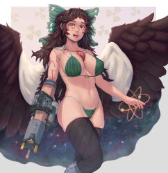 Rule 34 | 1girl, absurdres, arm cannon, atom, bikini, bird wings, black pubic hair, black thighhighs, bow, breasts, breasts apart, brown eyes, brown hair, brown wings, cape, commentary, control rod, covered erect nipples, dated, english commentary, feet out of frame, female pubic hair, green bikini, green bow, hair bow, highres, large breasts, long hair, looking at viewer, messy hair, navel, nttwttb, open mouth, pubic hair, pubic hair peek, radiation symbol, reiuji utsuho, signature, skindentation, smile, solo, starry sky print, striped clothes, striped thighhighs, swimsuit, symbol in eye, thighhighs, third eye, touhou, weapon, white cape, wings