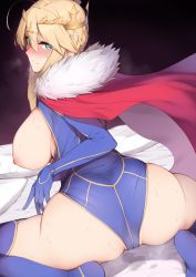 Rule 34 | 1girl, ahoge, artoria pendragon (fate), artoria pendragon (lancer) (fate), ass, blonde hair, blue thighhighs, blush, braid, breasts, breasts out, cameltoe, cape, commentary, crown, enosan, fate/grand order, fate (series), french braid, fur trim, green eyes, heattech leotard, highres, large breasts, looking at viewer, looking back, nipples, red cape, solo, spread legs, sweat, thighhighs, turtleneck