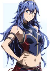 Rule 34 | 1girl, absurdres, blue background, blue eyes, blue hair, blush, border, breasts, fire emblem, fire emblem awakening, fire emblem cipher, grin, hair between eyes, hand on own hip, highres, long hair, looking at viewer, lucina (fire emblem), medium breasts, midriff, navel, nintendo, official alternate costume, outside border, simple background, smile, solo, stomach, swimsuit, tiara, to (tototo tk)