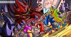 Rule 34 | 6+boys, angry, artist name, black sclera, brotherhood of metallix (stc), charmy bee, claws, colored sclera, confrontation, emperor metallix (stc), espio the chameleon, gloves, headphones, mechanical parts, metal sonic, metallix (stc), mighty the armadillo, multiple boys, omni-viewer (stc), open mouth, red eyes, robot, seated, sharp teeth, sonic (series), sonic the comic, sonic the hedgehog, teeth, vector the crocodile, white gloves, zak29
