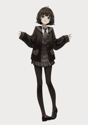 Rule 34 | 1girl, absurdres, ahoge, black footwear, black jacket, black pantyhose, blue eyes, brown hair, brown necktie, closed mouth, collared shirt, full body, grin, heart, highres, jacket, long sleeves, looking at viewer, necktie, open clothes, open jacket, original, pantyhose, plaid necktie, plaid neckwear, pleated skirt, shirt, shirt tucked in, shoes, short hair, short necktie, simple background, skirt, sleeves past wrists, smile, solo, standing, white background, yoon cook