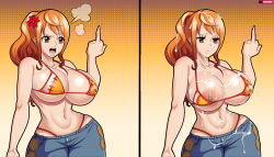 Rule 34 | 1girl, absurdres, angry, breasts, cum, cum on body, cum on breasts, cum on clothes, cum on hair, cum on upper body, denim, female focus, highres, jeans, large areolae, large breasts, middle finger, nami (one piece), one piece, orange hair, pants, solo, steve chopz, swimsuit, swimsuit under clothes, third-party edit