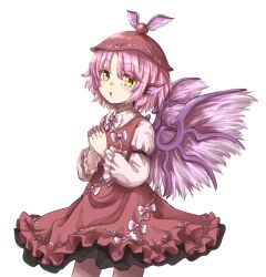 Rule 34 | 1girl, 1koma, absurdres, blush, brown dress, brown hat, brown pantyhose, collared shirt, comic, commentary request, dress, feathered wings, fingernails, grey background, hair between eyes, hat, head wings, highres, interlocked fingers, long fingernails, long sleeves, mystia lorelei, naegi (naegidokoro), nail polish, pantyhose, parted bangs, parted lips, pink hair, pink nails, pink wings, sharp fingernails, shirt, short hair, simple background, sleeveless, sleeveless dress, solo, standing, touhou, white shirt, wings, yellow eyes