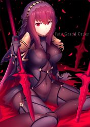 Rule 34 | 1girl, :o, arm support, breasts, bu li, covered navel, covered erect nipples, fate/grand order, fate (series), large breasts, long hair, looking at viewer, parted lips, petals, polearm, purple hair, red eyes, scathach (fate), scathach (fate), see-through, sitting, skin tight, solo, spear, veil, weapon