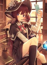 Rule 34 | 1girl, black socks, black skirt, blue eyes, bob cut, book, book stack, brown hair, capelet, cellphone, closed mouth, food, hat, holding, holding staff, indoors, knee up, kneehighs, long sleeves, looking at viewer, miniskirt, nagareboshi, original, phone, pocky, selfie, short hair, skirt, smartphone, socks, solo, staff, witch, witch hat