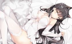 Rule 34 | 1girl, 7gao, animal ears, atago (azur lane), atago (lily-white vow) (azur lane), azur lane, bed sheet, black hair, blush, breasts, brown eyes, closed mouth, dress, elbow gloves, extra ears, fingerless gloves, garter straps, gloves, hair ribbon, highres, large breasts, long hair, looking at viewer, lying, mole, mole under eye, on back, ribbon, sidelocks, smile, solo, swept bangs, thighhighs, wedding dress, white dress, white gloves, white ribbon, white thighhighs
