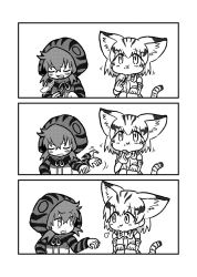 Rule 34 | 10s, 2girls, 3koma, afterimage, animal ears, bare shoulders, bow, bowtie, breath, cat ears, cat tail, comic, eating, elbow gloves, eye contact, closed eyes, food, food on face, gloves, greyscale, hair between eyes, highres, hood, hood up, hoodie, kemono friends, kotobuki (tiny life), legs together, long sleeves, looking at another, monochrome, multiple girls, neck ribbon, ribbon, sand cat (kemono friends), short hair, silent comic, simple background, squatting, striped, tail, tsuchinoko (kemono friends), white background