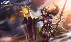 Rule 34 | 1girl, armor, armored dress, battle, bodysuit, boobplate, breastplate, breasts, brown eyes, brown hair, character name, ear protection, evening, fighting stance, fire, gauntlets, glowing, headgear, headpiece, highres, holding, holding shield, holding sword, holding weapon, league of legends, leona (league of legends), liang xing, light particles, long hair, looking to the side, matching hair/eyes, medium breasts, orange sky, outdoors, outstretched arm, pelvic curtain, shield, shoulder armor, sky, solo, pauldrons, standing, sunlight, sword, watermark, weapon, web address