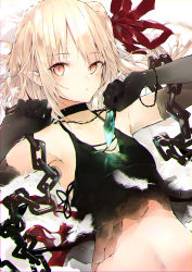 Rule 34 | 1girl, armpits, black choker, black gloves, blonde hair, blush, camisole, chain, choker, chromatic aberration, commentary, crop top, crystal, elbow gloves, feathers, flandre scarlet, gloves, hair ribbon, highres, long hair, looking at viewer, midriff, navel, no headwear, pointy ears, red ribbon, ribbon, sakusyo, sidelocks, solo, stomach, symbol-only commentary, touhou, upper body, white background, yellow eyes