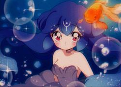 Rule 34 | 1980s (style), 1girl, bao (vtuber), bao (vtuber) (1st costume), blue hair, blush, breasts, bubble, cleavage, commentary, dress, english commentary, fish, glowing, goldfish, grey dress, indie virtual youtuber, long hair, oldschool, red hair, retro artstyle, small breasts, solo, sparkle, underwater, upper body, virtual youtuber, ywuria