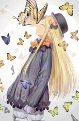 Rule 34 | 1girl, abigail williams (fate), artist request, black bow, black hat, blonde hair, blue eyes, bow, bug, butterfly, butterfly on nose, commentary, cowboy shot, dress, fate/grand order, fate (series), from side, hair bow, hair ornament, hat, insect, long hair, long sleeves, multiple hair bows, orange bow, parted bangs, sleeves past fingers, sleeves past wrists, solo, very long hair