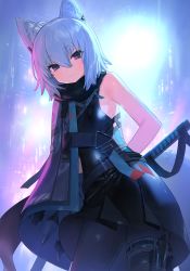 Rule 34 | 1girl, animal ear fluff, animal ears, arms behind back, bad link, belt, black dress, blue hair, buckle, chorefuji, closed mouth, commentary request, cowboy shot, dress, hair between eyes, highres, looking at viewer, original, purple eyes, side cape, smile, solo, strap, thigh strap