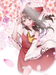 Rule 34 | 1girl, ascot, blunt bangs, blurry, blurry background, blurry foreground, bow, brown hair, cherry blossoms, chromatic aberration, commentary request, cowboy shot, depth of field, detached sleeves, flower, frilled bow, frilled hair tubes, frilled skirt, frills, hair bow, hair tubes, hakurei reimu, holding, long hair, midriff peek, navel, nontraditional miko, petals, petticoat, pink flower, red bow, red skirt, ribbon-trimmed sleeves, ribbon trim, skirt, solo, touhou, wide sleeves, yamisaki (ymsk xx), yellow ascot