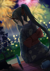Rule 34 | 1girl, absurdres, azur lane, black hair, blurry, blush, bokeh, cat, depth of field, dutch angle, fireworks, from behind, hair ribbon, hand fan, highres, holding, holding fan, horns, japanese clothes, kimono, long hair, looking at viewer, looking back, night, obi, oni horns, outdoors, paper fan, plant, ponytail, porch, ramune, red ribbon, ribbon, sash, sitting, smile, solo, spekkio36, suzuya (azur lane), very long hair, wind chime, yukata