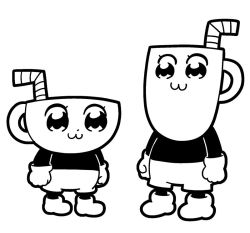 Rule 34 | 10s, 2boys, :3, bkub, closed mouth, cup, cuphead, cuphead (game), dot nose, drinking straw, gloves, greyscale, looking at another, monochrome, mug, mugman, multiple boys, pipimi, poptepipic, popuko, retro artstyle, shoes, shorts, simple background, standing, white background