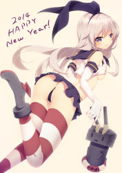 Rule 34 | 10s, 1girl, 2014, absurdres, arched back, ass, bad id, bad pixiv id, blonde hair, blue eyes, blush, breasts, elbow gloves, gloves, hair ribbon, happy new year, highres, kantai collection, long hair, looking back, microskirt, new year, rensouhou-chan, ribbon, shimakaze (kancolle), shokuyou mogura, skirt, smile, solo, striped clothes, striped thighhighs, thighhighs, thong, underboob, white gloves, yellow background