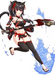 Rule 34 | 1girl, 2849, animal ears, axe, black hair, breasts, cat ears, cat tail, cleavage, detached sleeves, facial mark, fang, fang out, final fantasy, final fantasy xiv, flower, full body, hair flower, hair ornament, highres, holding, holding weapon, large breasts, leg up, long hair, looking at viewer, miqo&#039;te, navel, ponytail, red eyes, rose, slit pupils, solo, splashing, swimsuit, tail, thighhighs, warrior (final fantasy), water, weapon