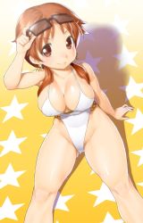 Rule 34 | 10s, 1girl, arm support, breasts, brown eyes, brown hair, casual one-piece swimsuit, cleavage, crescent moon, earrings, eyewear on head, from above, groin, highleg, highleg swimsuit, highres, idolmaster, idolmaster cinderella girls, jewelry, katagiri sanae, large breasts, long hair, low twintails, moon, one-piece swimsuit, onsoku inu, short twintails, sitting, smile, solo, sunglasses, swimsuit, thighs, twintails