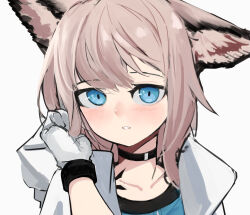 Rule 34 | 1girl, animal ears, ao oni (onioni-aoi), arknights, black choker, blue eyes, blush, brown hair, choker, close-up, commentary, ear down, fox ears, fox girl, gloves, hand in own hair, hand on own ear, hand up, highres, hood, hood down, hooded jacket, infection monitor (arknights), jacket, looking at viewer, material growth, medium hair, open clothes, open jacket, oripathy lesion (arknights), parted lips, portrait, simple background, solo, split mouth, sussurro (arknights), unfinished, white background, white gloves, white jacket